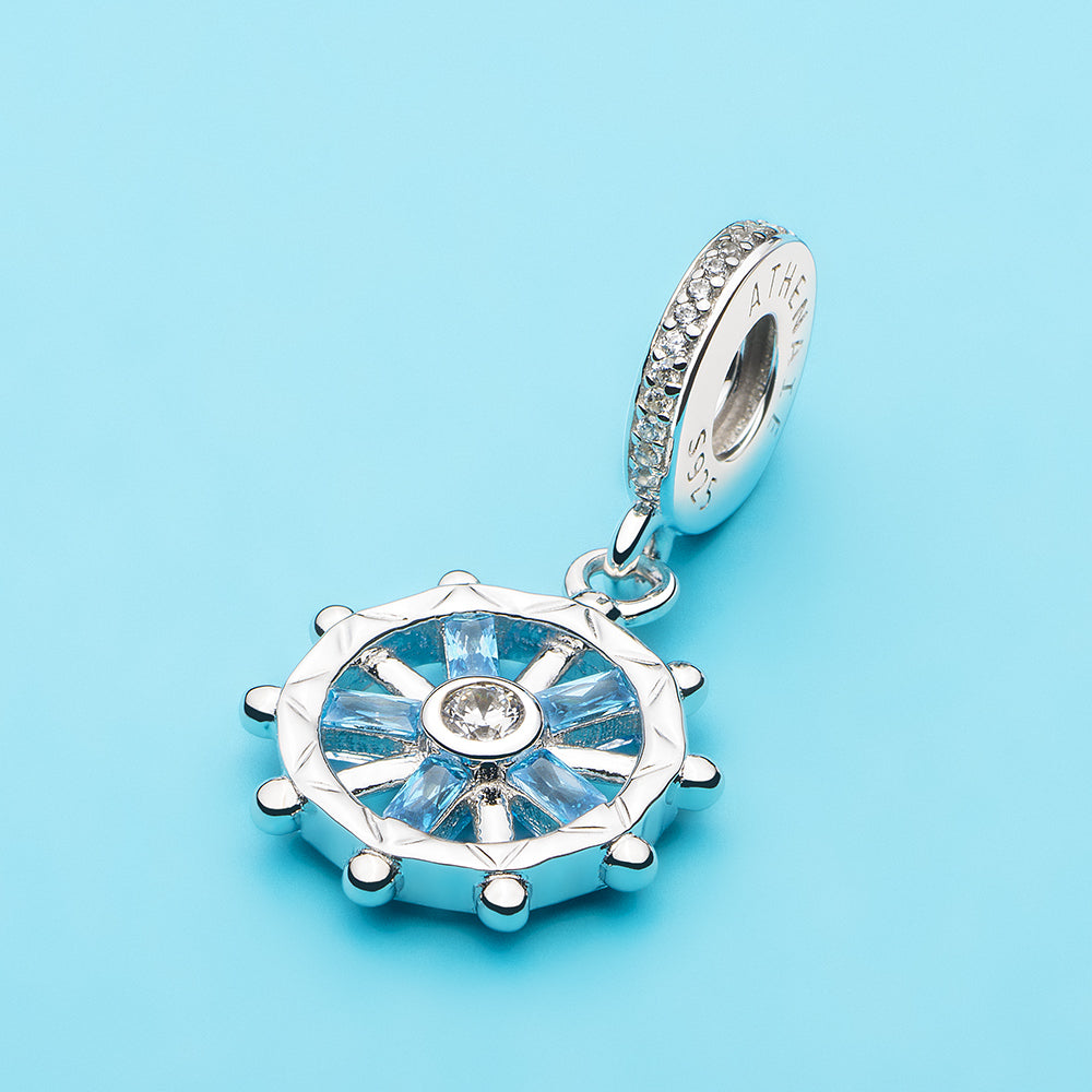 Ocean Wheel 925 silver dangle charm with nautical wheel design scene view