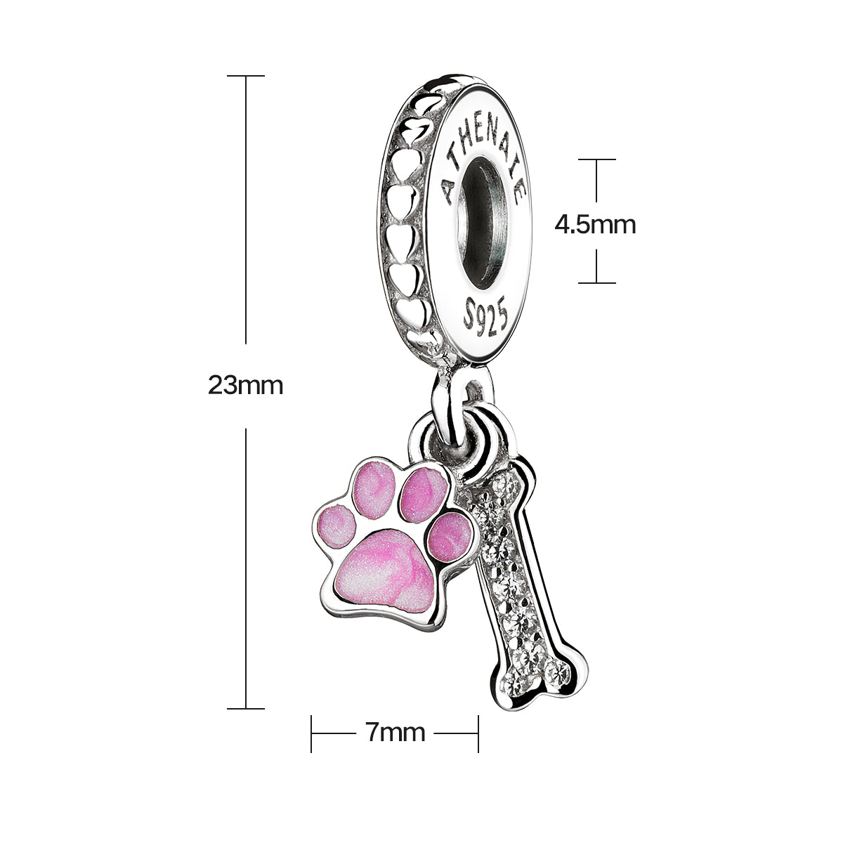 Size reference for ATHENAIE Paw & Bone dangle charm – sterling silver for bracelets