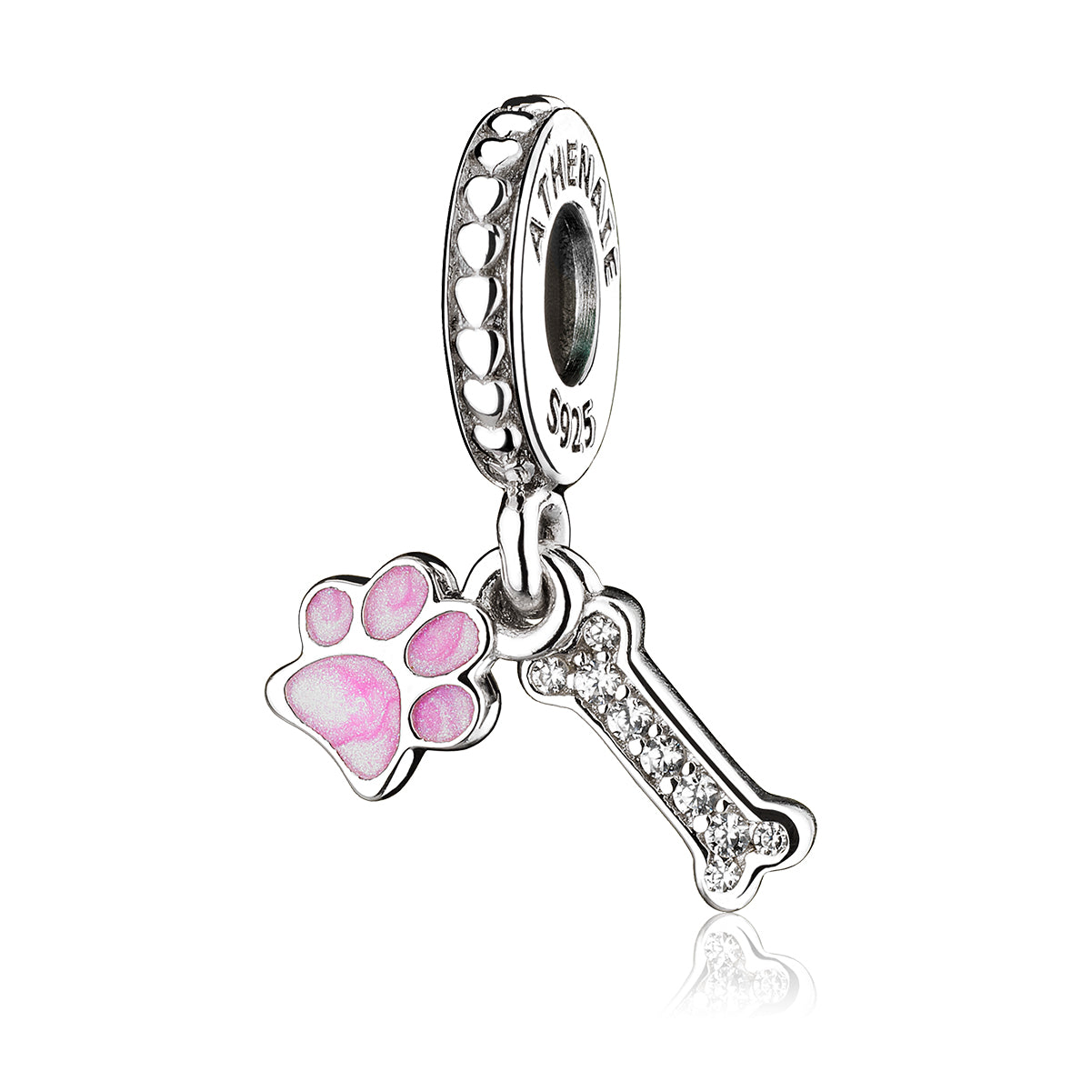 Front view of ATHENAIE Paw & Bone silver dangle charm with paw print and bone design