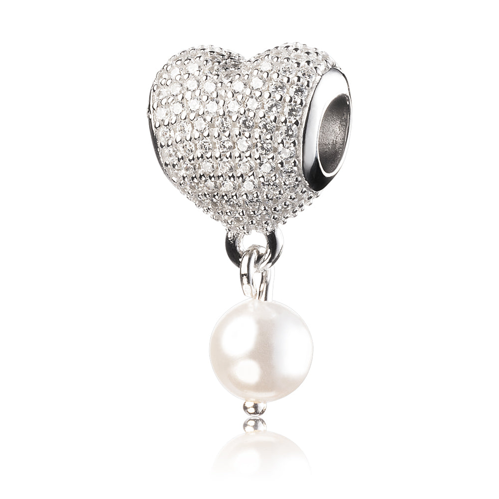 Back view of Pearl Bow Heart 925 silver charm with pink enamel and pearl design