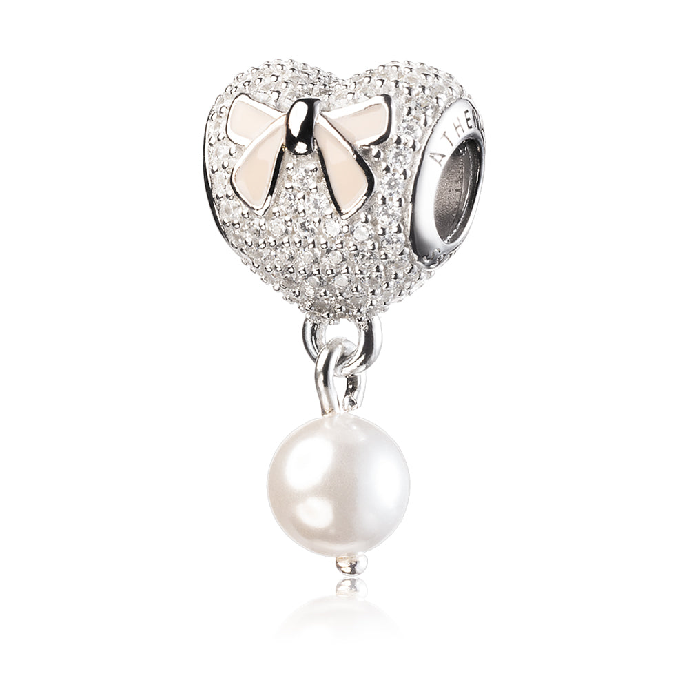 Pearl Bow Heart charm 925 sterling silver bead with CZ and shell pearl front view