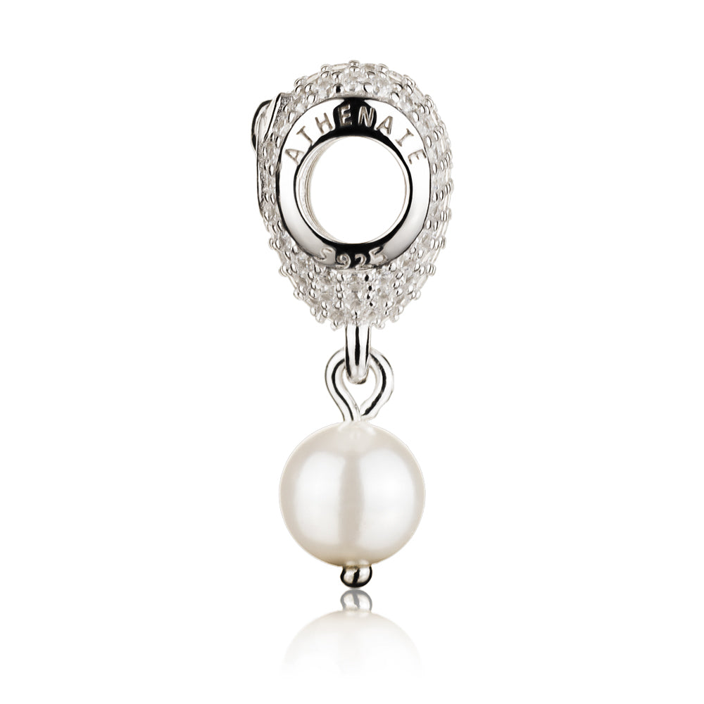 Side view of Pearl Bow Heart charm 925 silver bead with CZ stones and bow detail