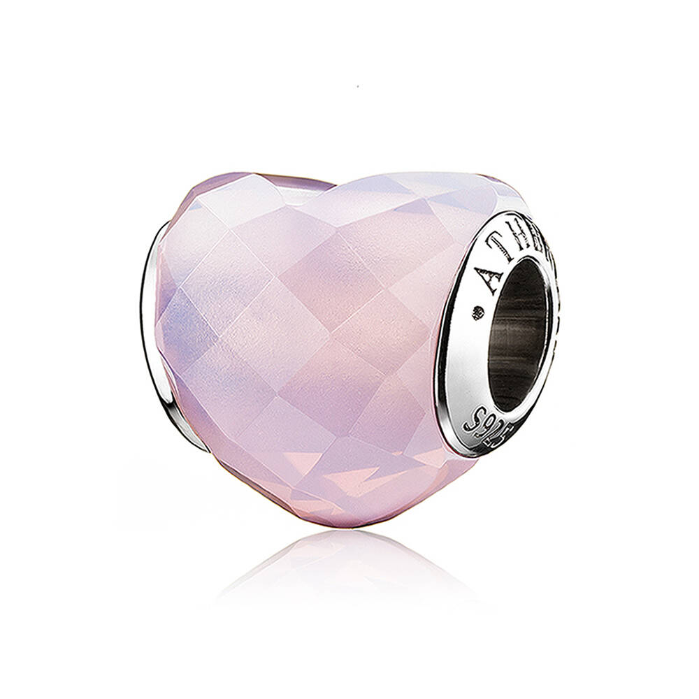 Pink Crystal Heart Murano glass charm bead 925 silver core front view