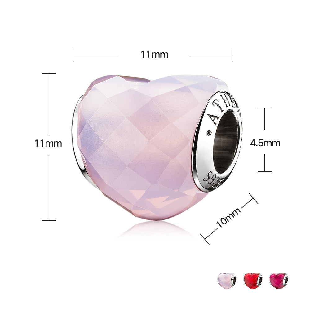 Size display of Pink Crystal Heart Murano glass charm bead with 925 silver core