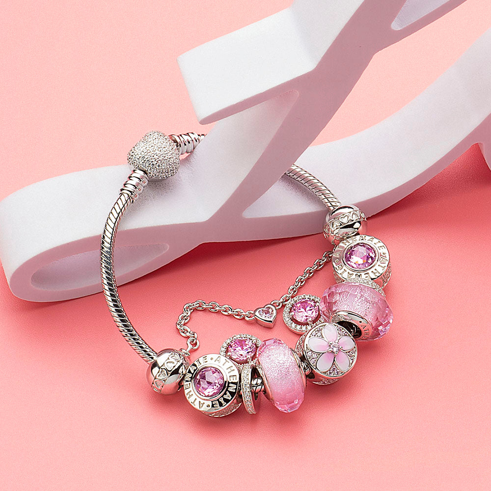 Pink Halo 925 silver pendant charm combined with other charms on bracelet