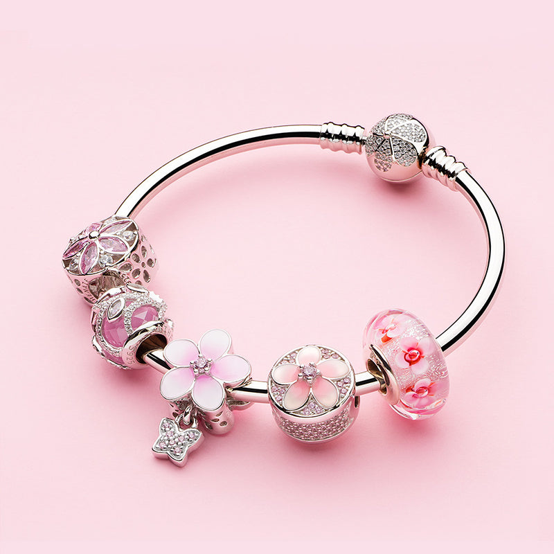 Pink Radiance charm 925 silver bead styled on European bracelet with CZ stones