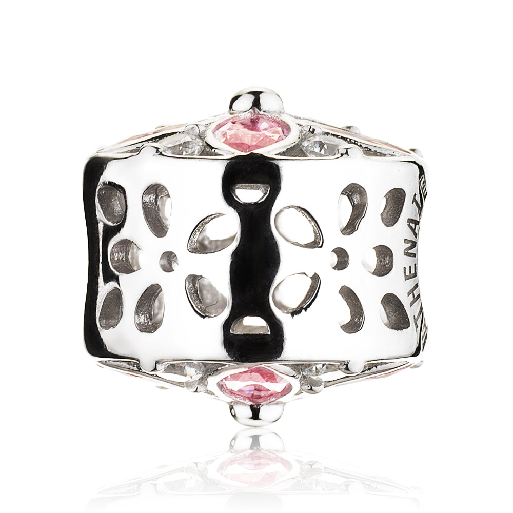 Side view of Pink Radiance 925 sterling silver charm bead with floral CZ design