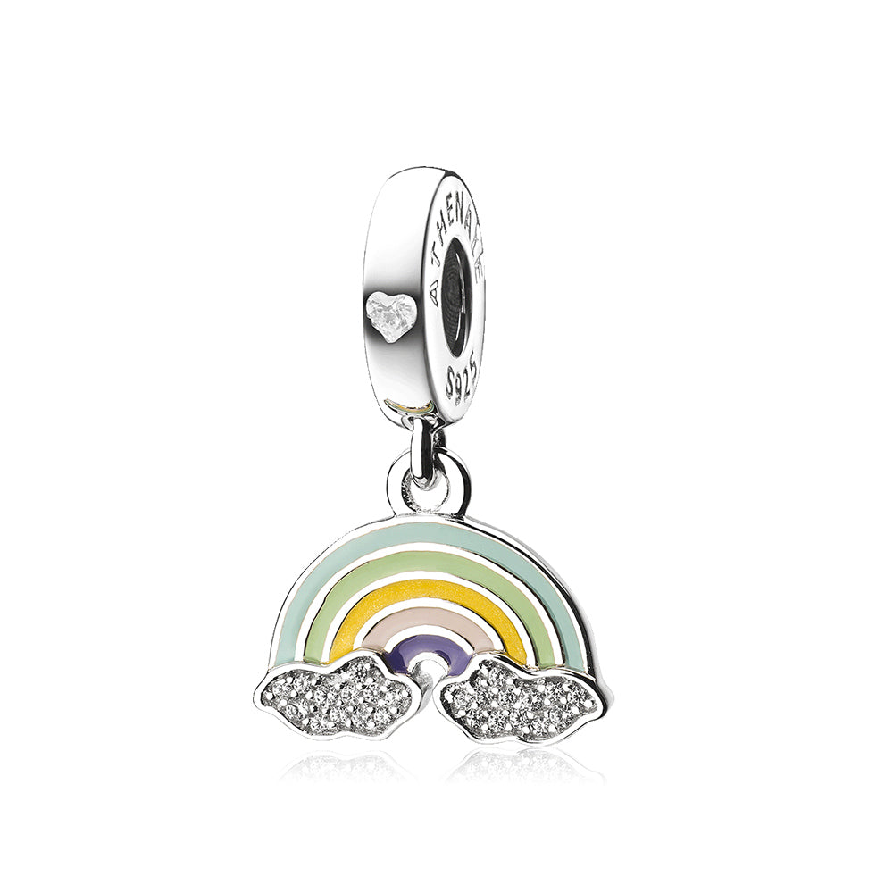 Rainbow Dreams 925 sterling silver dangle charm with colorful enamel and CZ stones front view