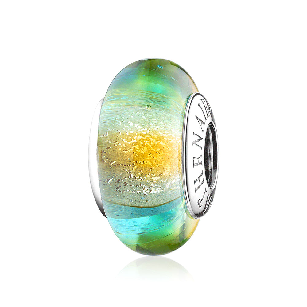 Rainbow Glow Murano glass charm bead 925 silver core front view