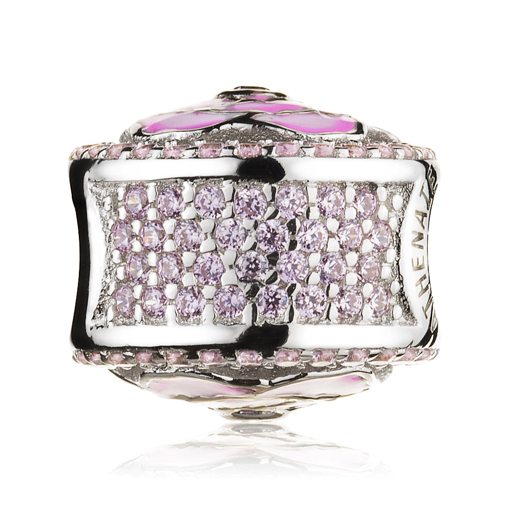 Side view of Rose Quartz charm 925 silver bead with pink enamel and CZ stones
