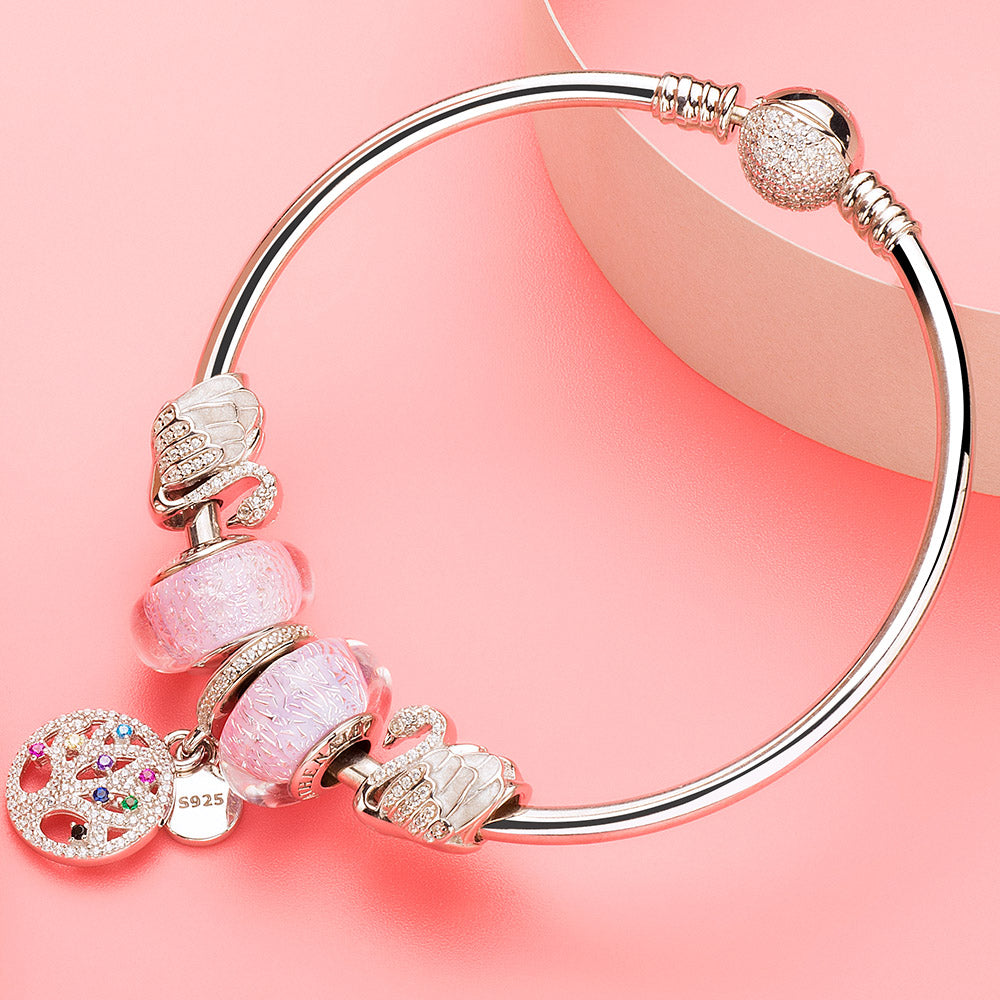 Swan Lake 925 silver enamel charm styled on European bracelet with CZ stones