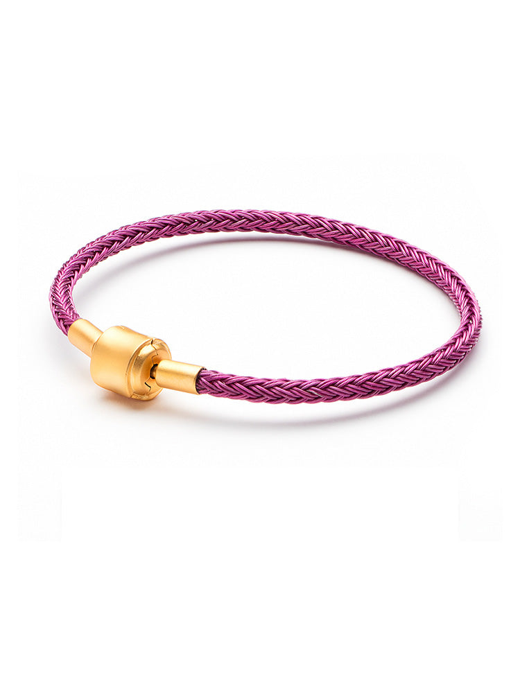 Berry pink braided charm bracelet with gold clasp front view