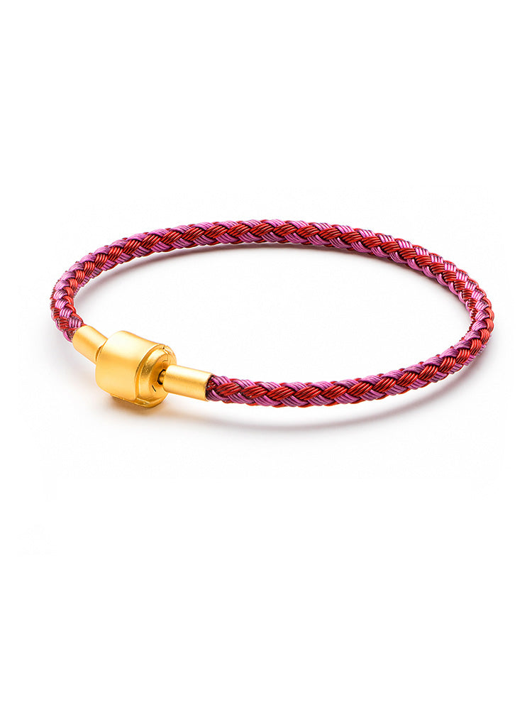 Berry red braided charm bracelet with gold clasp front view
