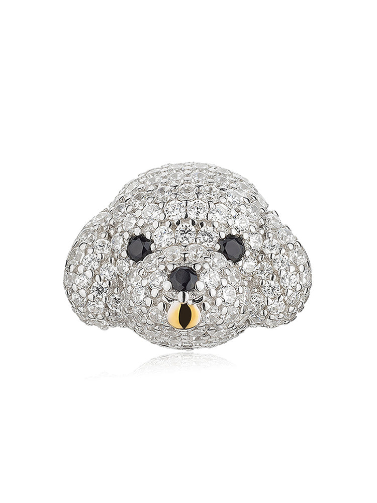 Cute bichon dog charm bead in 925 sterling silver with CZ stones