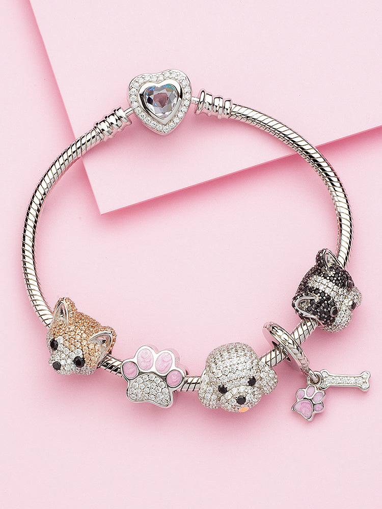 Bichon dog charm styled on silver charm bracelet – pet lover jewelry styling inspiration