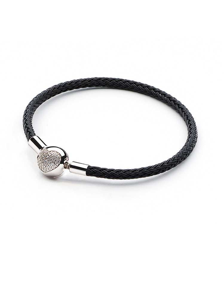 Black braided charm bracelet with sterling silver heart clasp front view