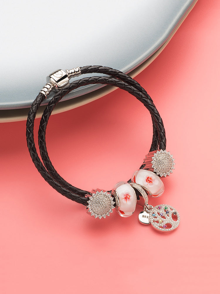 Black double wrap leather charm bracelet with sterling silver clasp styled