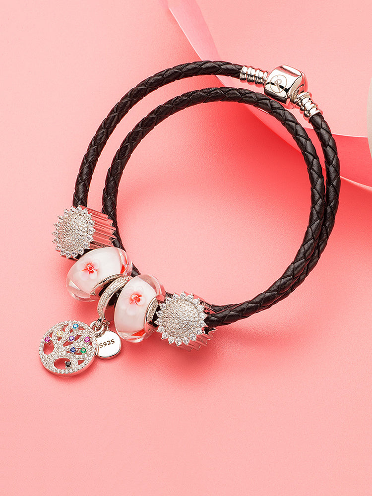 Black double wrap leather charm bracelet compatible with charm beads