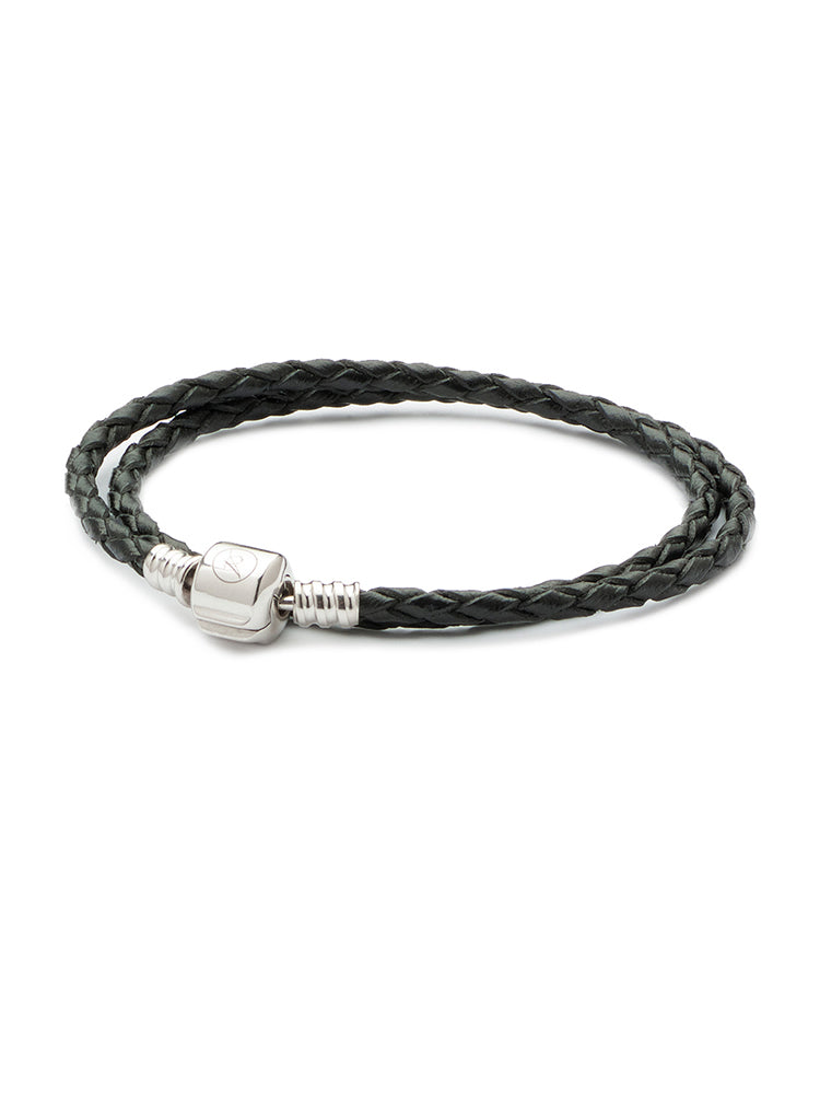 Black double wrap leather charm bracelet with sterling silver clasp front view