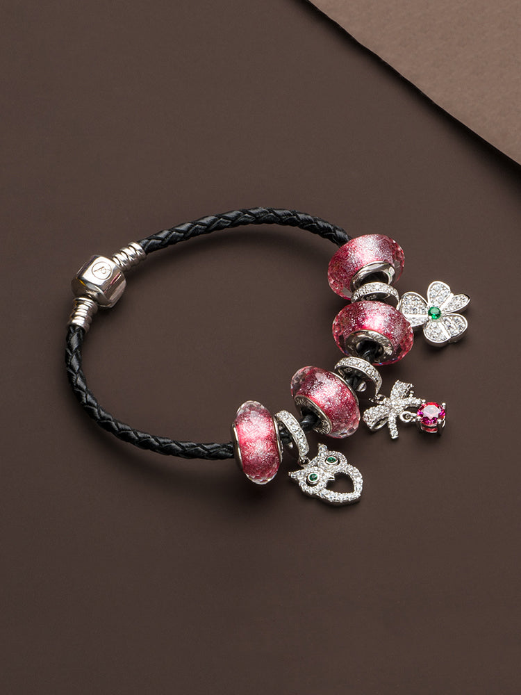 Black leather charm bracelet compatible with charm beads