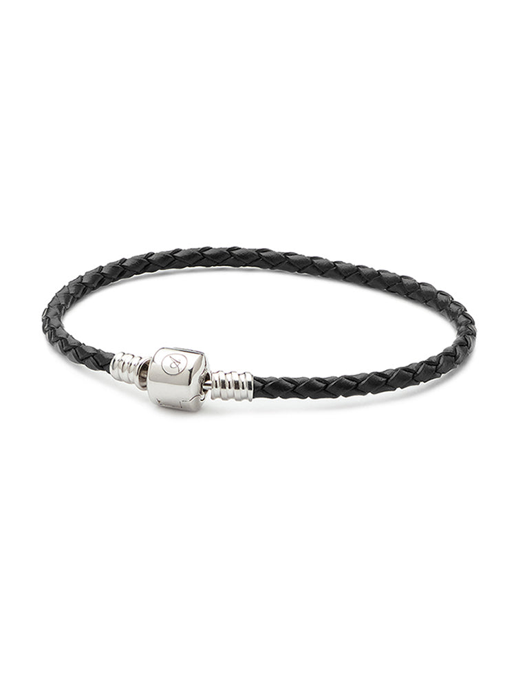 Black leather charm bracelet with sterling silver clasp front view