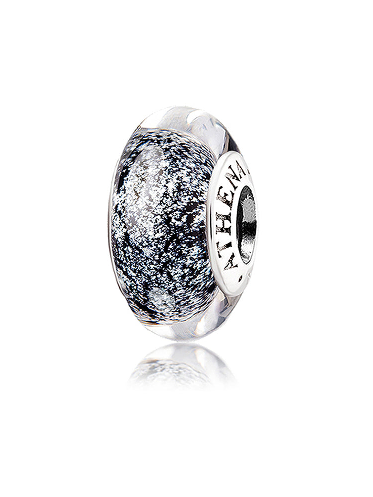 Black silver foil Murano glass bead with a 925 silver core, front view