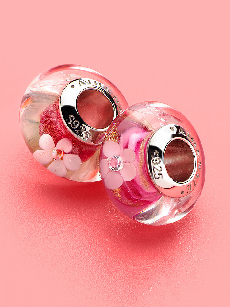 Blooming kiss murano glass charm styled on European snake chain bracelet