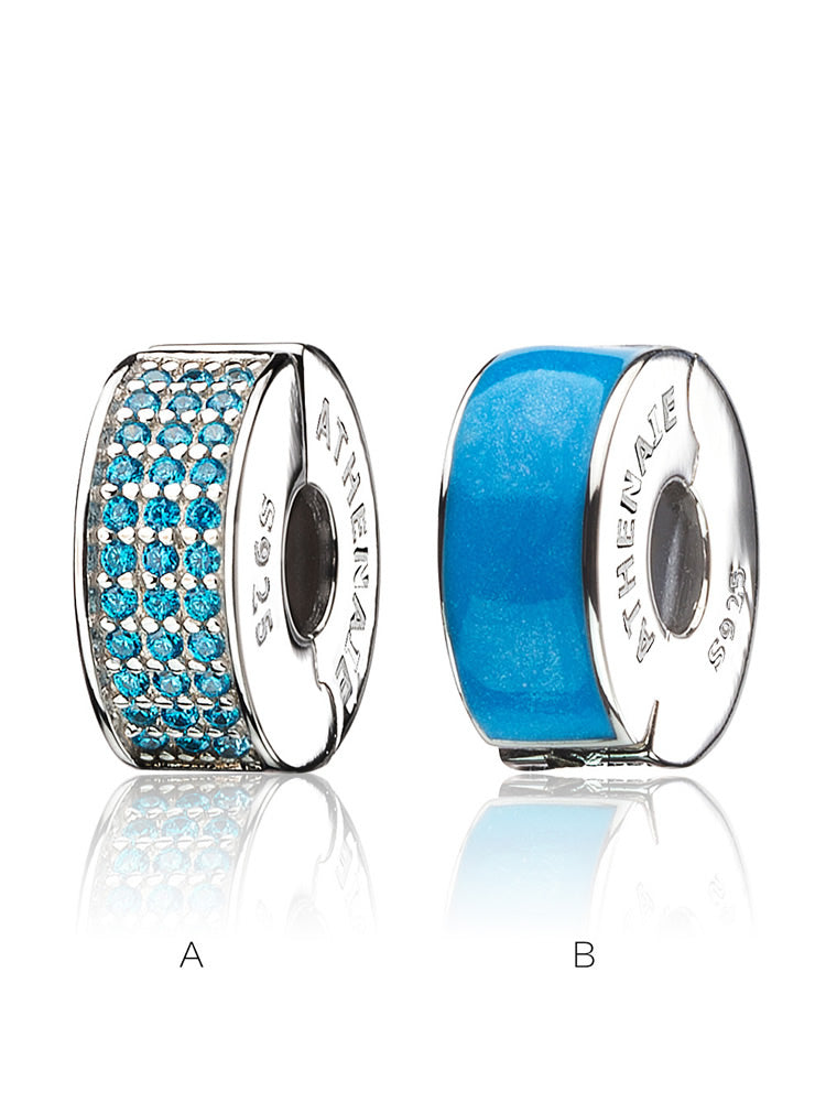 Front and back view of blue enamel clip charm in 925 sterling silver