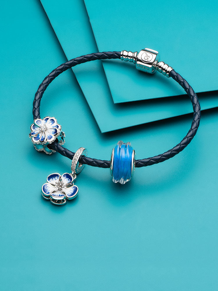 Blue enamel flower charm bead for charm bracelets