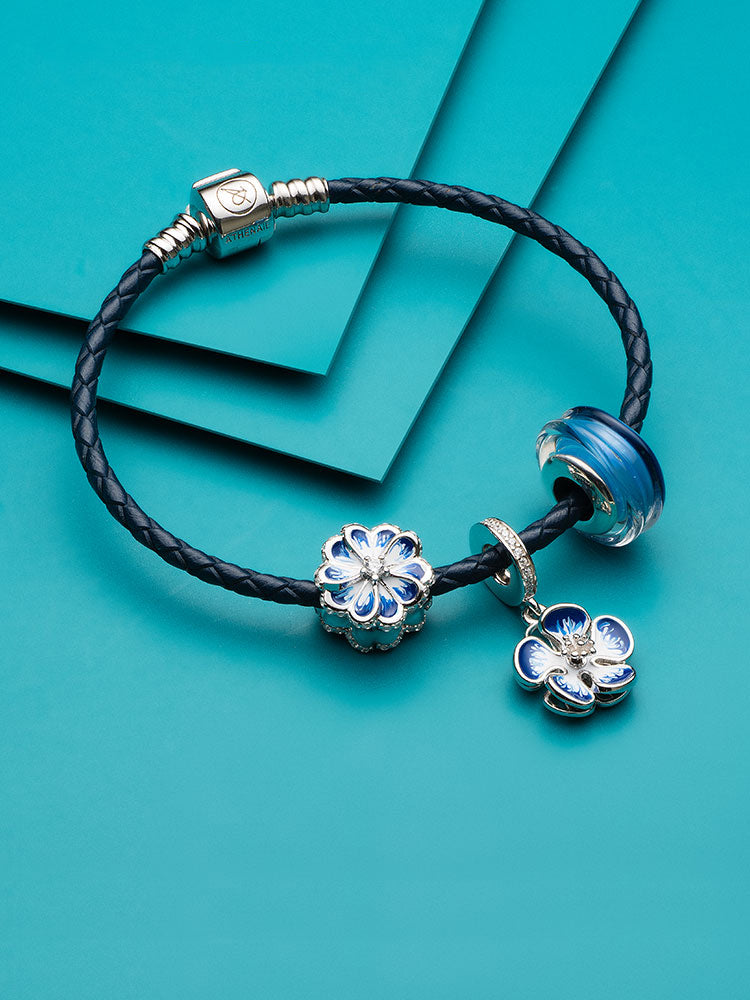 Blue enamel flower dangle charm for personalized charm bracelets
