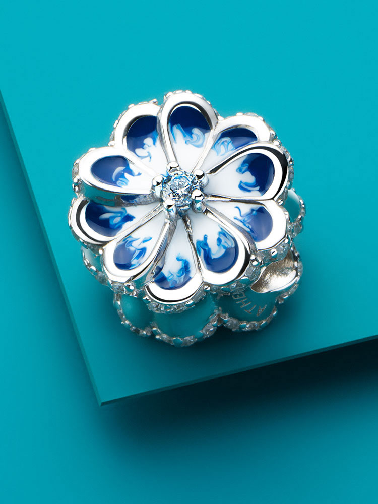 Blue flower enamel charm bead with sterling silver core