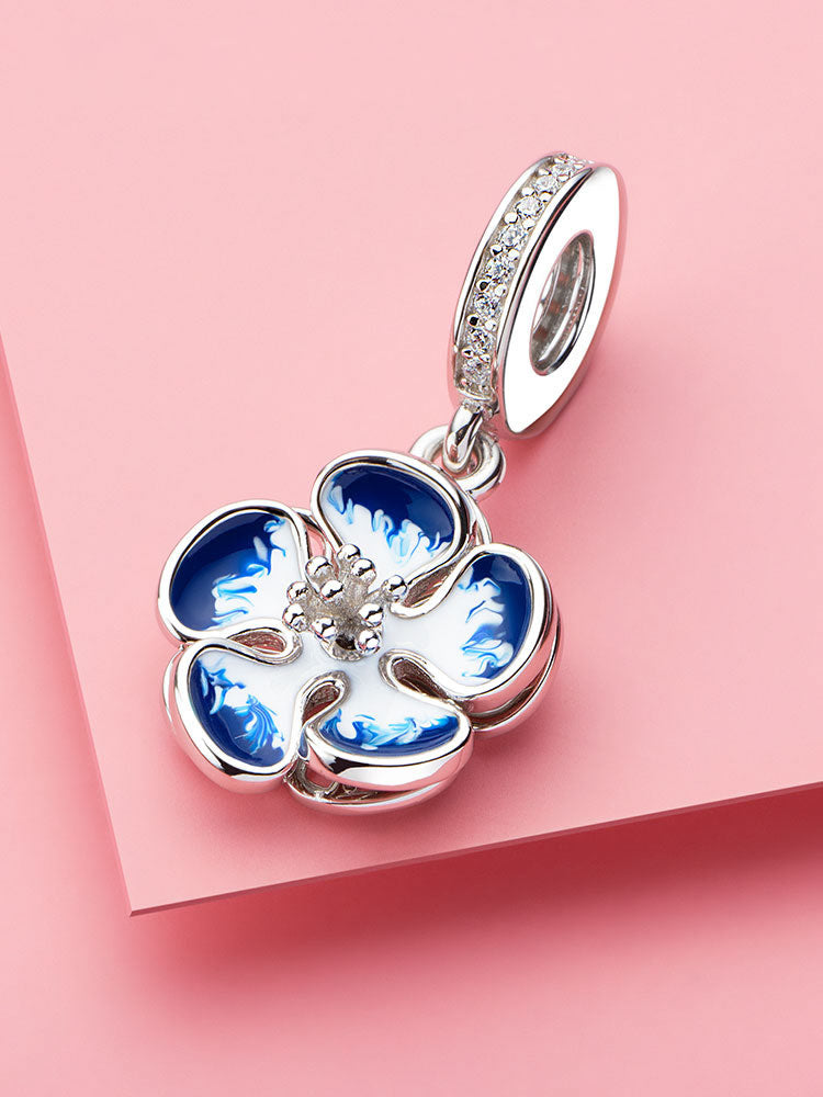 Blue flower enamel dangle charm for charm bracelets