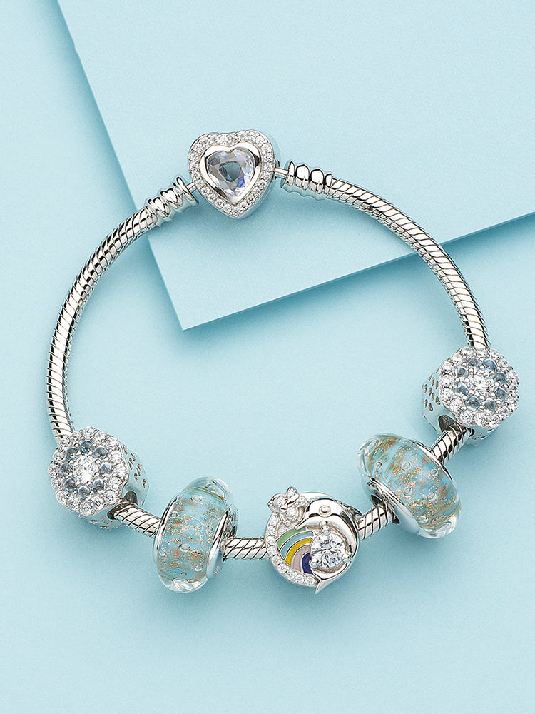 Blue Halo silver charm bead styled on a European charm bracelet