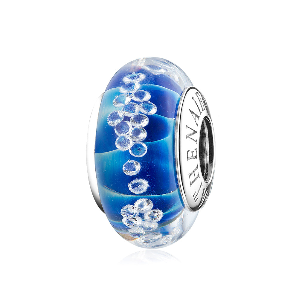 Blue Murano glass charm with CZ sparkle and silver core – front view