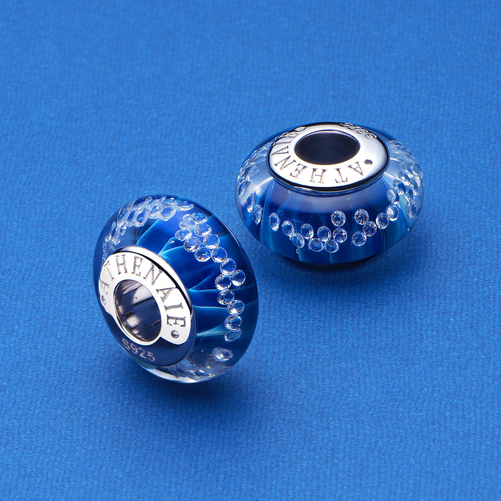 Blue Murano glass bead with ocean-inspired glaze and cubic zirconia