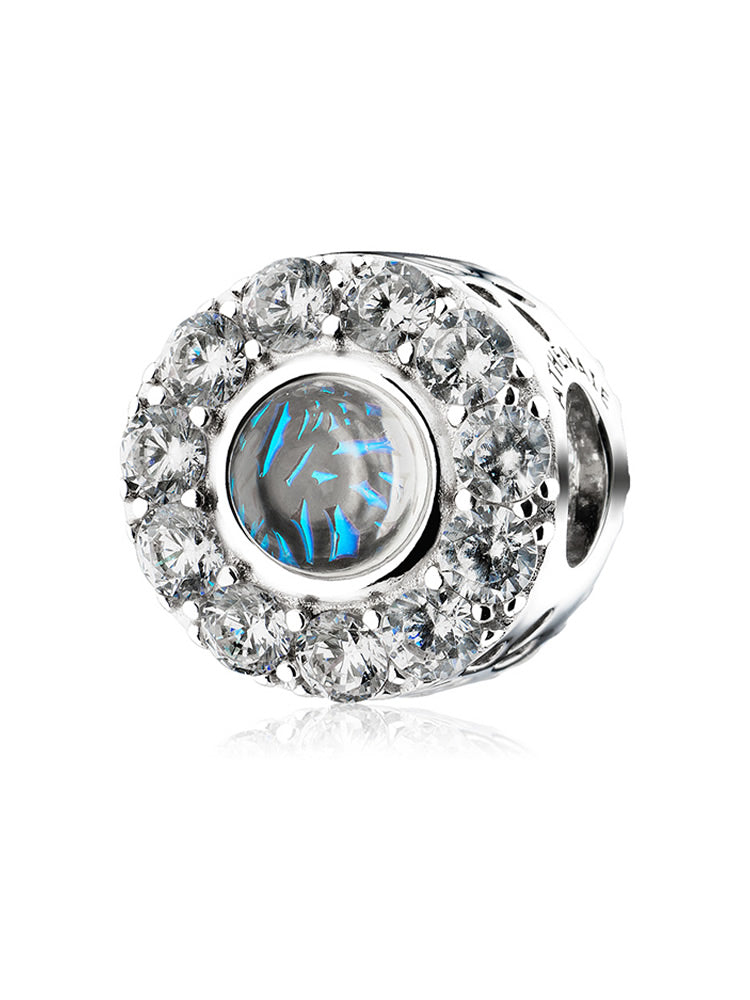 Blue opal halo sterling silver charm bead front view