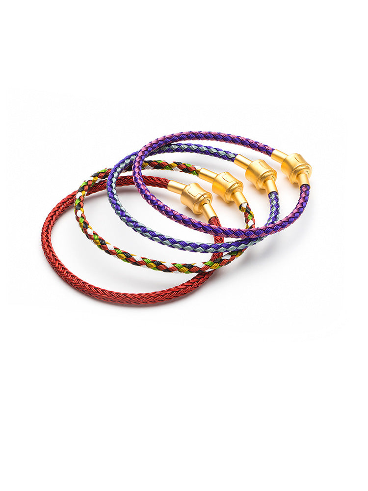 Blue purple braided rope charm bracelet with gold clasp