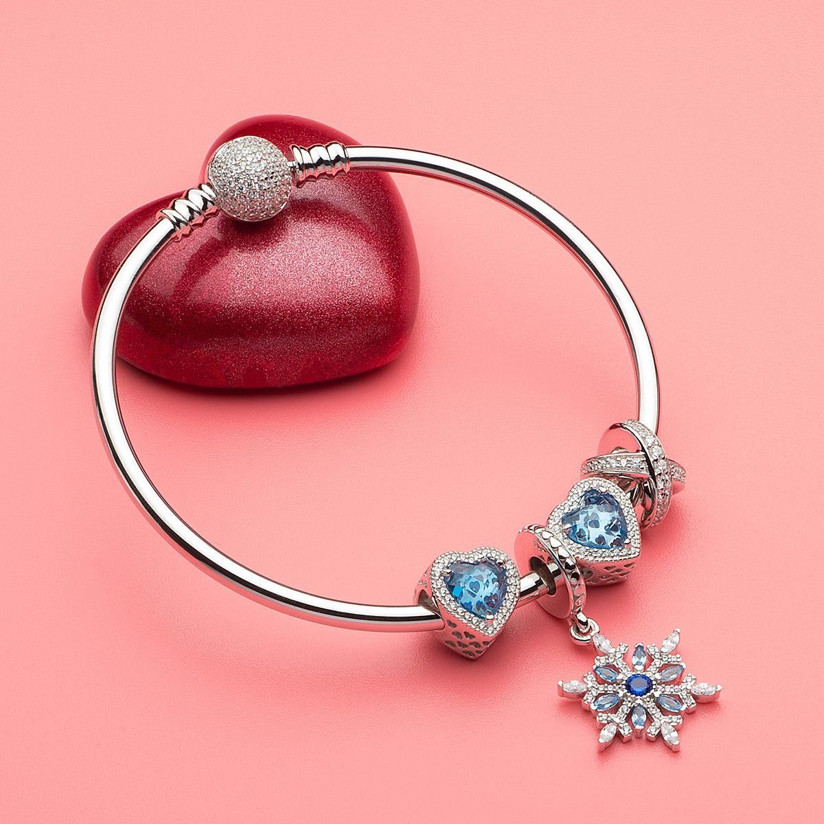 Blue Snowflake pendant charm paired with completed bracelet styling – holiday charm gift idea