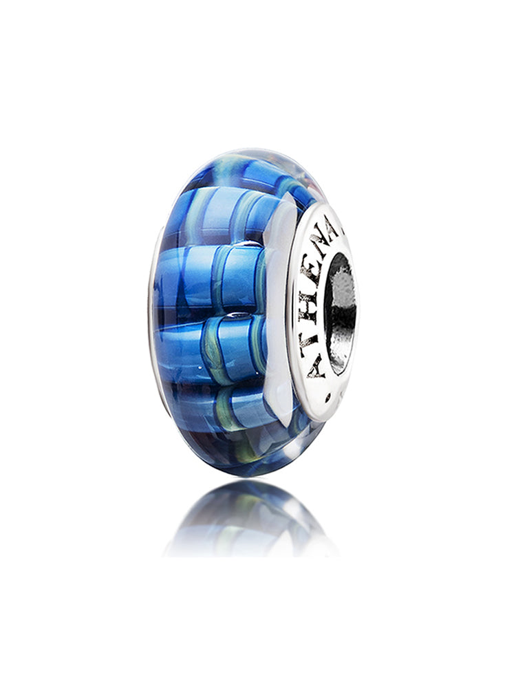 Blue wave Murano glass bead with a 925 silver core, front view