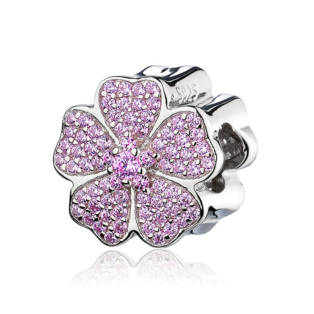 Front view of Blush Clover charm bead in 925 sterling silver with CZ, four-leaf clover design for charm bracelets
