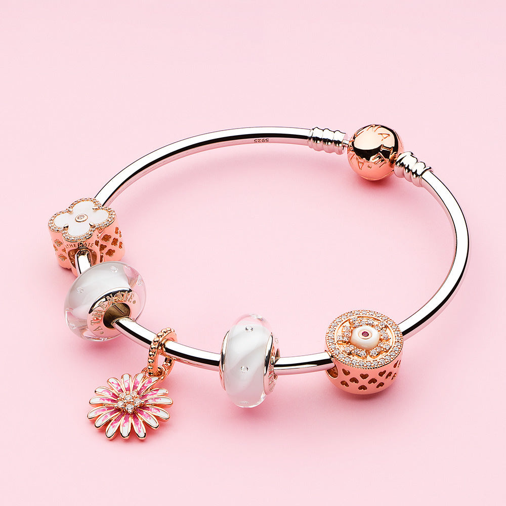 Blush Daisy pink enamel charm bead styled with European bangle
