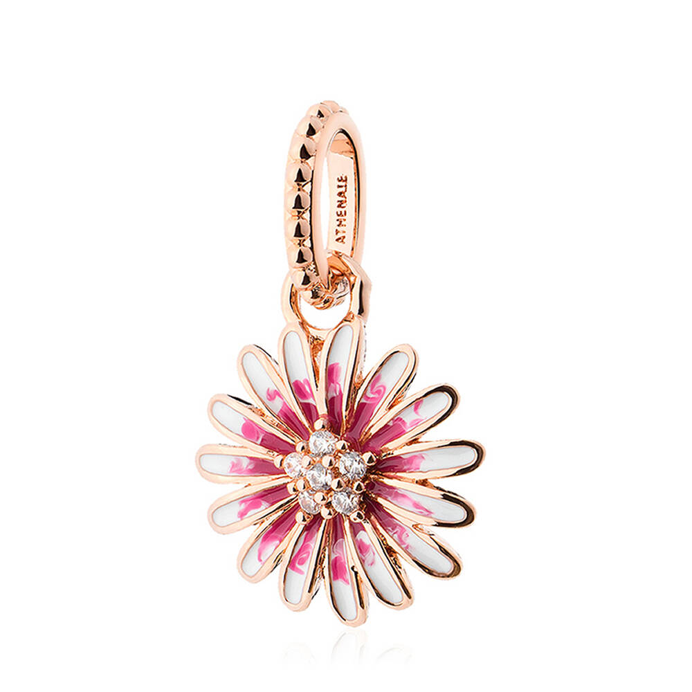 Blush Daisy dangle charm bead with pink enamel and zirconia front view