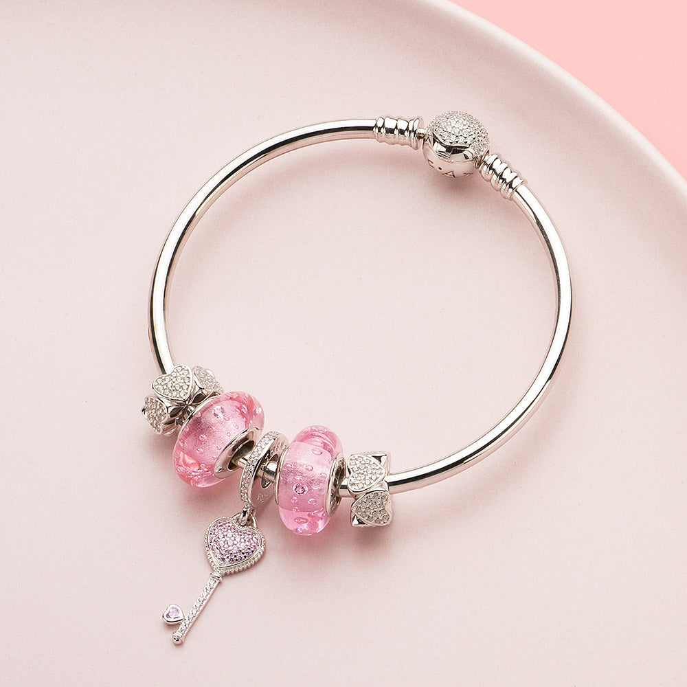 Blush Dewdrops charm paired with silver bracelet set