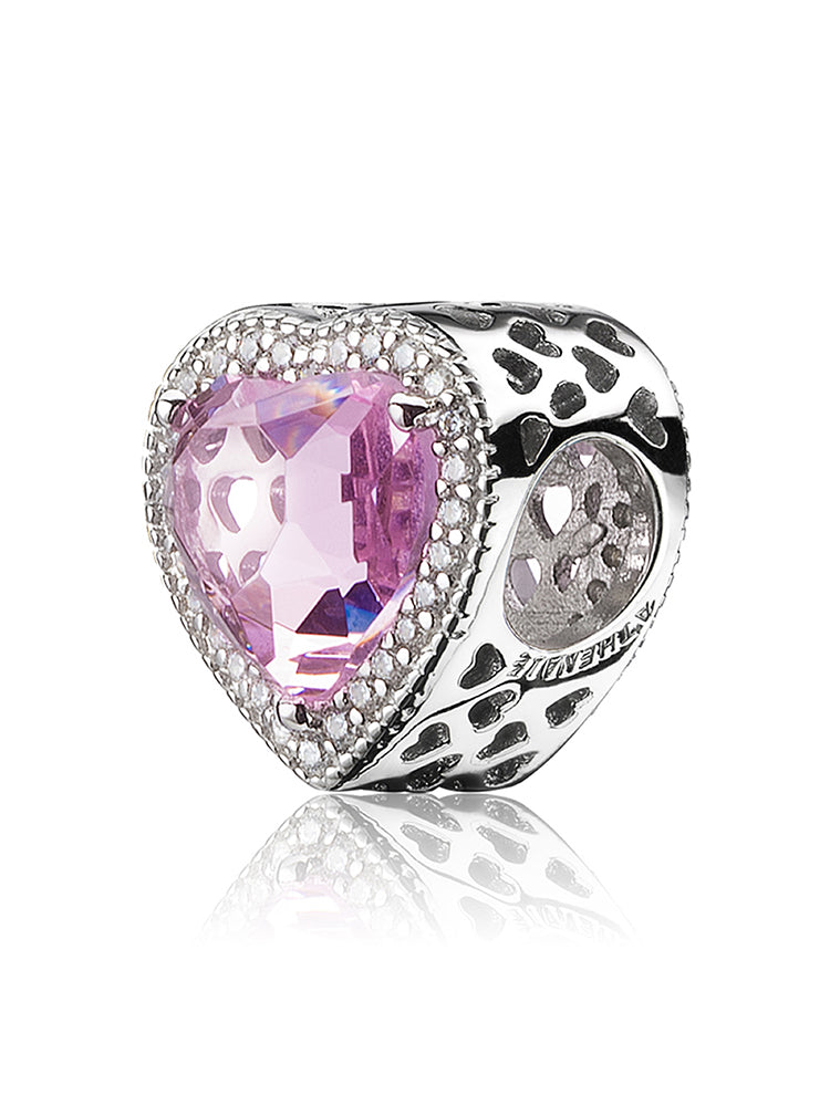 Side view of blush heart sterling silver charm bead for bracelets