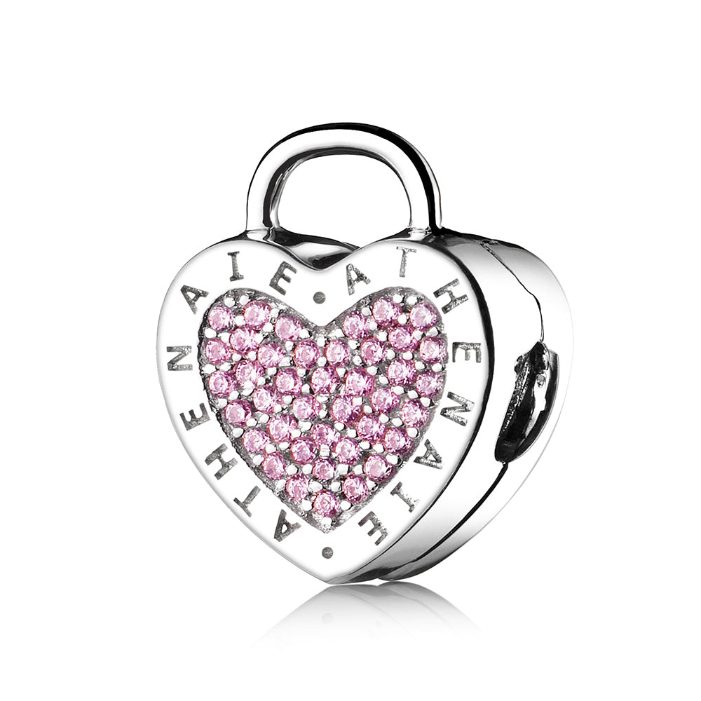 Blush Heart Lock clip stopper charm in 925 silver with CZ stones, front view by ATHENAIE