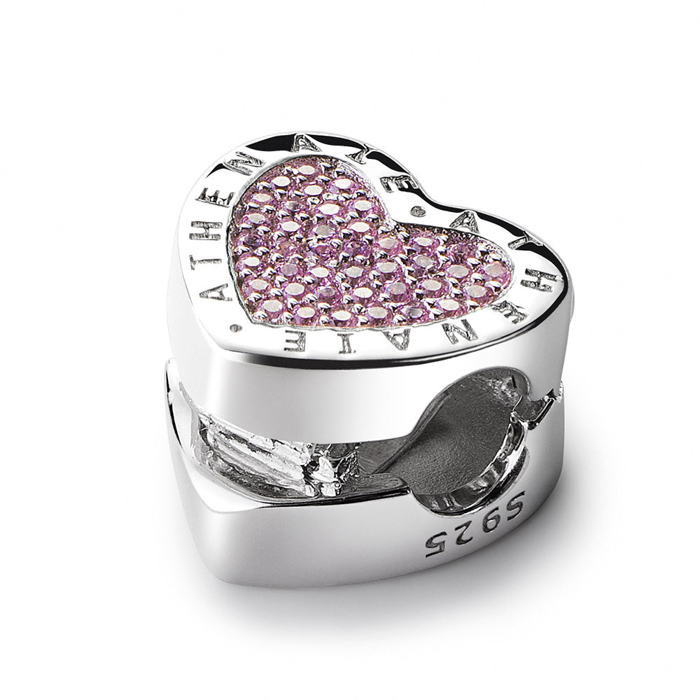 Open view of ATHENAIE Blush Heart Lock charm, secure clasp stopper in sterling silver
