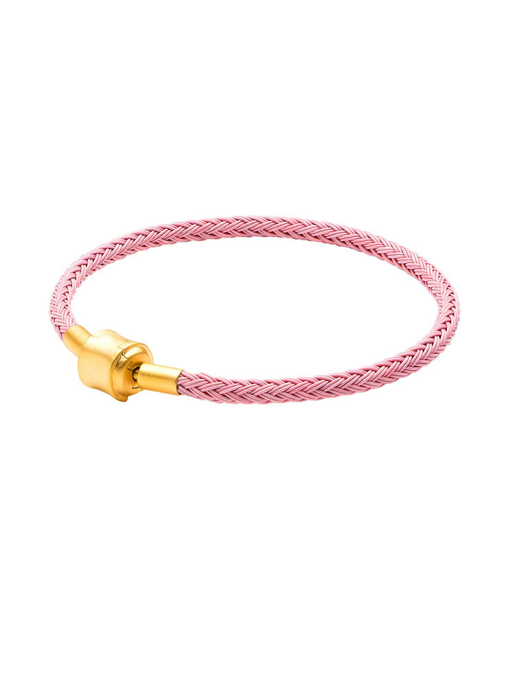 Blush pink braided charm bracelet with gold clasp front view