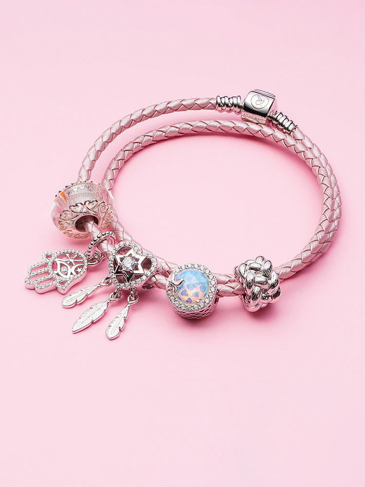 Blush pink double wrap leather charm bracelet styled with charms