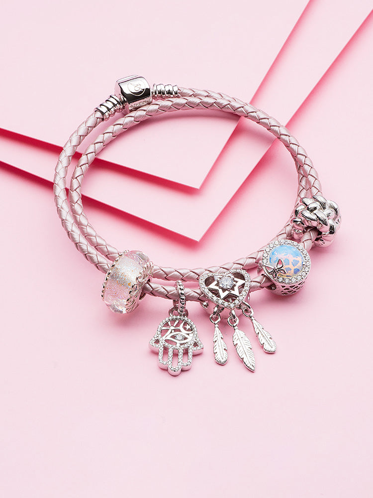 Blush pink double wrap leather charm bracelet compatible with charm beads