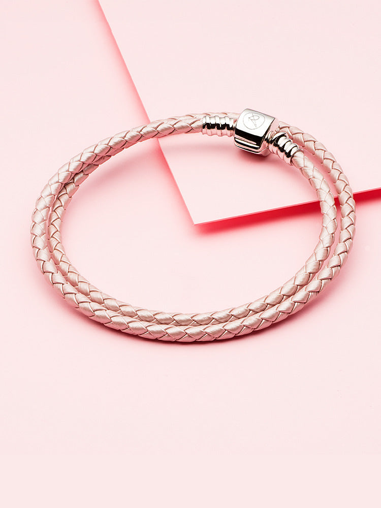 Blush pink double wrap leather charm bracelet lifestyle view